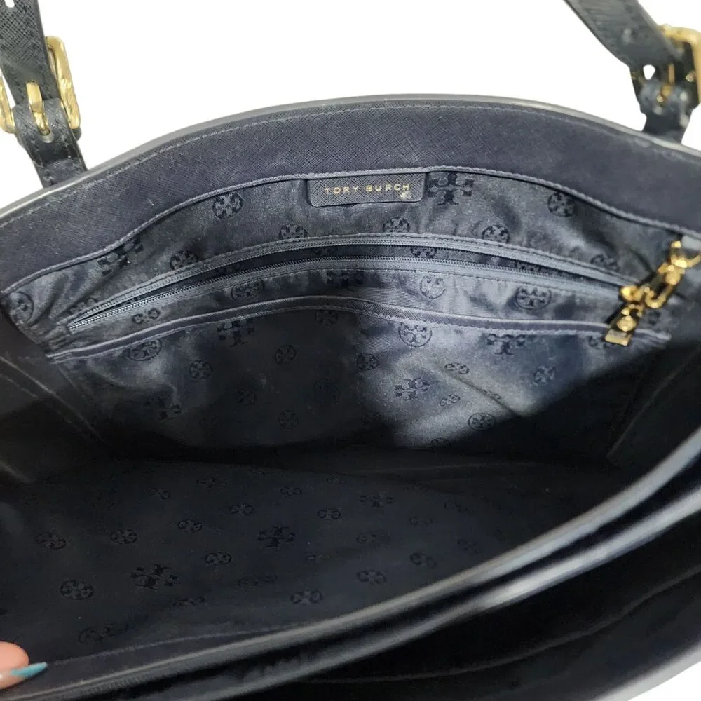 Tory Burch‎ Navy Saffiano Leather Tote Bag Gold Logo Classic Work Shopper